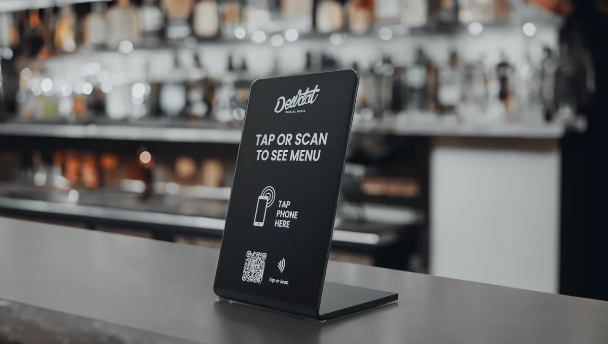 A first-party Dewdat tap-or-scan menu product shown on a service counter
